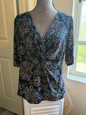 George Navy Floral Faux-Wrap Top with Pink and Green Accents